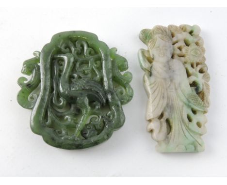 A carved jade pendant, pierced and decorated with a crane, H. 6cm; together with a another jade plaque carved as a noble woma