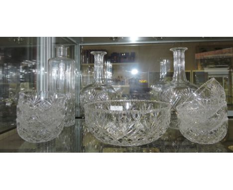 A pair of mallet shaped cut glass decanters, a cut glass bowl, six sundae dishes and one other decanter.