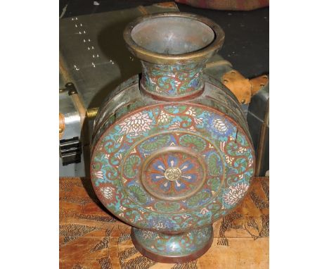 A Chinese bronzed metal cloisonne moon flask vase, H. 37cm.