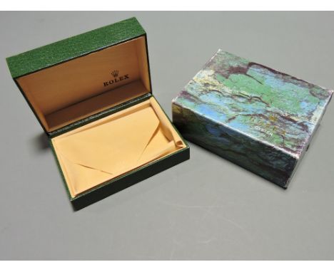 A vintage Rolex Oyster green presentation box with original card outer case, W 15 cms