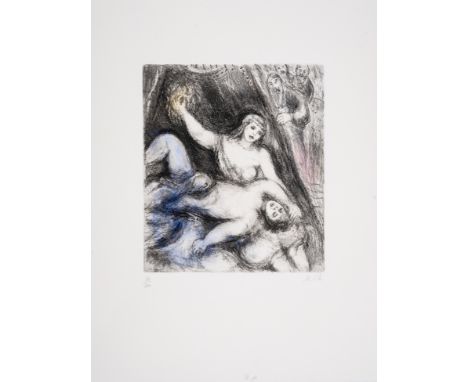 Marc Chagall (1887-1985)Samson and Delilah, from Bible (Cramer 30)Etching heightened with watercolour, 1958, initialled in pe