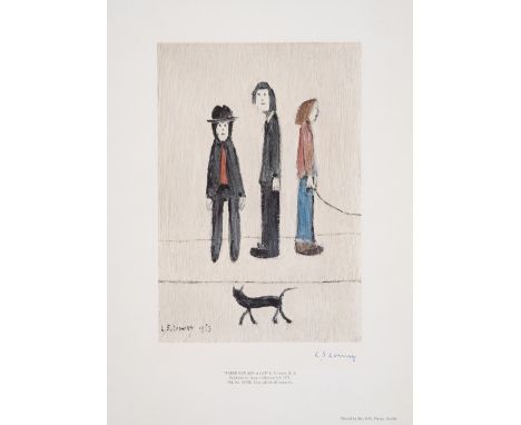 Laurence Stephen Lowry (1887-1976)Three Men and a CatLithograph printed in colours, 1971, signed in blue biro, from the editi