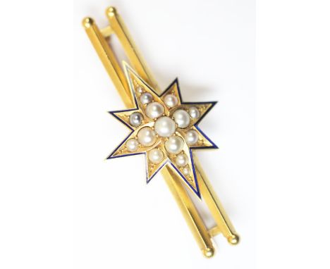 A Victorian split pearl set bar brooch, of starburst form, set with fifteen graduated split pearls, to a blue enamel border, 