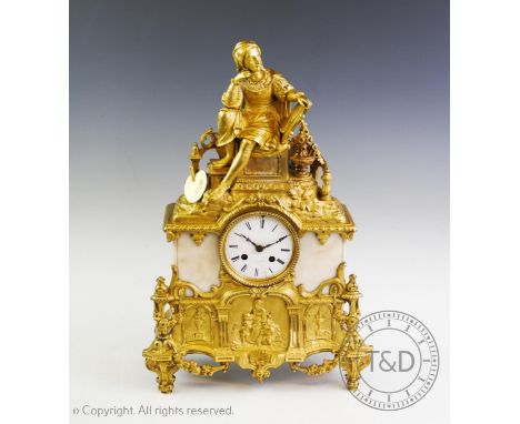 A late 19th century white marble and ormolu mantel clock by F L Hausberg, Paris, the case surmounted with a figure upon a ped