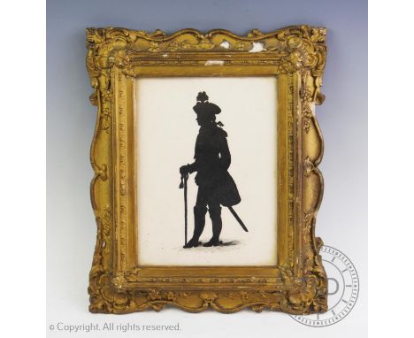 English School, 19th century, Silhouette on paper, full length portrait of a military gentleman, within gilt wood and gesso f