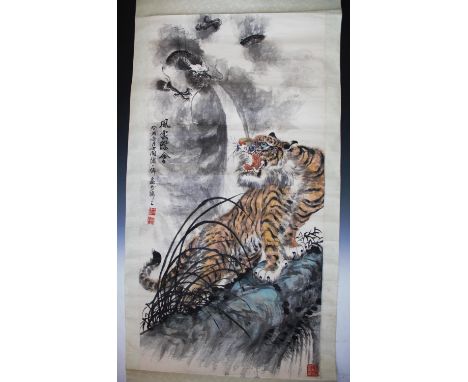 Chinese Sumi-e School (20th century), Ink and watercolour, Tiger confronting a dragon, Signed and stamped, 133cm H x 66cm W, 