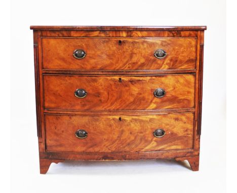 A George III mahogany bow front chest, of three long drawers, on bracket feet, 95cm H x 105cm W x 47cm D 
