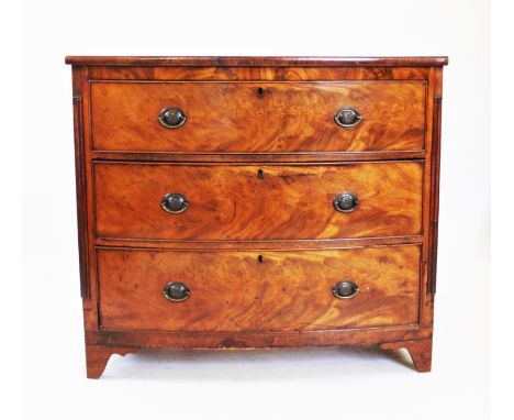 A George III mahogany bow front chest, of three long drawers, on bracket feet, 95cm H x 105cm W x 47cm D 