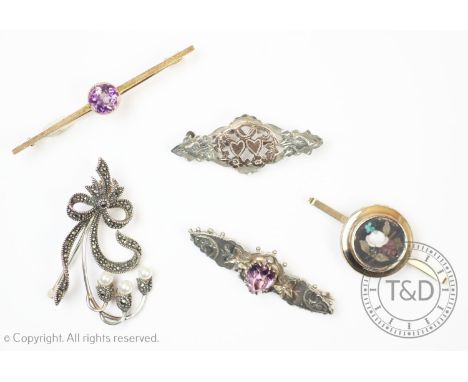 A 20th century amethyst set bar brooch, in yellow metal stamped '15ct', with a 9ct gold pietra dura brooch, a further two Vic