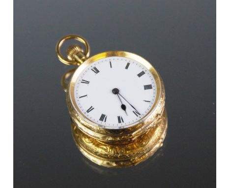A lady's continental 18ct yellow gold fob watch, the white enamel dial with black Arabic numerals, engraved floral decoration