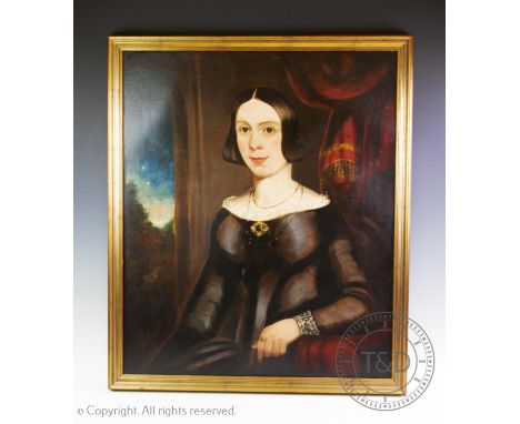 English school (19th century), Oil on canvas, Portrait of a Lady, half-length modelled seated within an interior setting with