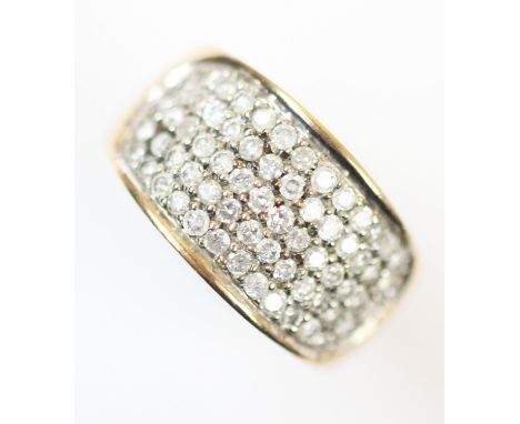 A gent's diamond set 9ct gold ring, the central panel pave set with five rows of small brilliant cut diamonds, plain polished