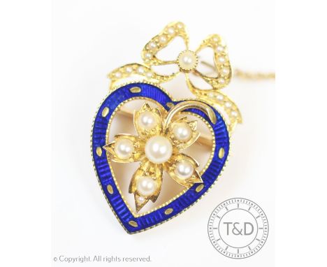 A Victorian pearl and enamel brooch/pendant, of heart shape and set with graduated cultured pearls to the central floral moti