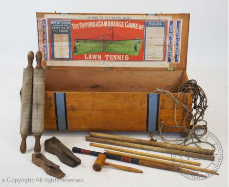 An Ayres Oxford and Cambridge Lawn Tennis Box 1875/6, the pine box decorated with the light blue and dark blue stripes indica