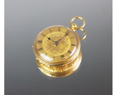 A Victorian 18ct gold open face pocket watch, the engine turned dial with floral chapter ring, black Roman numerals, elaborat