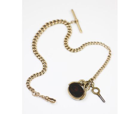 A 9ct gold albert chain, with attached lobster claw clasp and swivel, an accompanying bloodstone and carnelian set swivel and