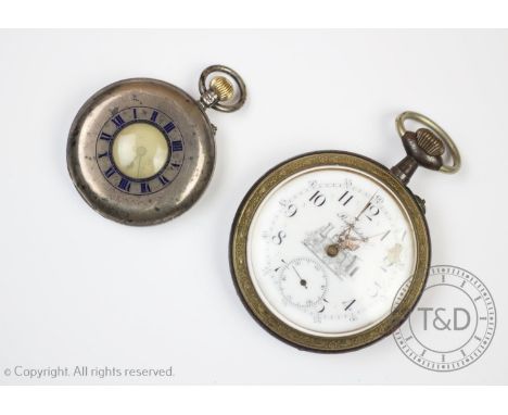 A railway regulator, white enamel dial with arabic numerals and subsidiary dials to six 'o' clock, train illustration to cent