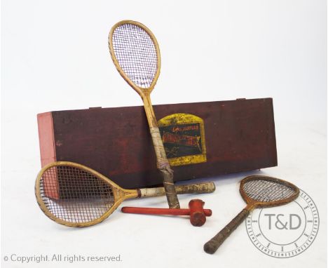 A Sphairistike Lawn Tennis Box and Contents including three rackets 1874. This standard original first box manufactured by Fr