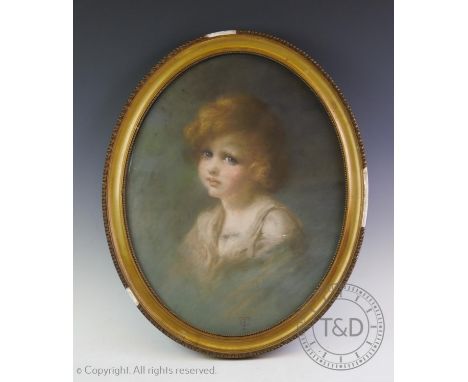 English School, early 20th century,  Pastel on paper,  Portrait of a young child, tondo,  50cm x 39cm, with Pre Raphaelite Sc