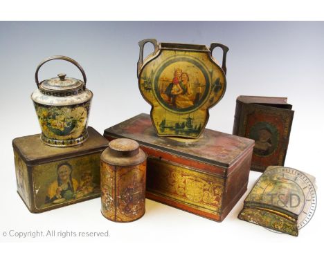 Seven assorted late 19th/early 20th century metal biscuit tins and tea caddies, to include a rectangular example in gilt and 