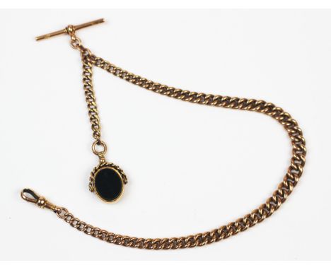 A 9ct gold curb link albert chain, graduated links with T-bar and claw fastener, each link stamped '375' and '9', length 34cm