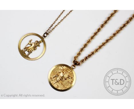 A 9ct gold pendant depicting St Christopher, 2.5cm diameter on a 9ct gold rope twist chain, spring claw and loop fastening, 4