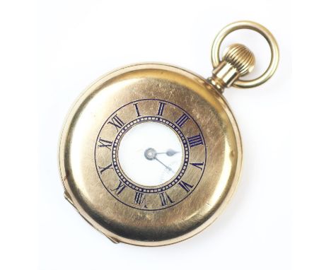 A Thomas Russell & Son gold plated half hunter pocket watch, the white enamel dial with black Roman numerals and subsidiary s