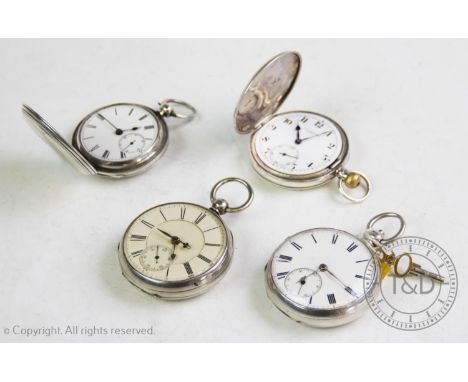 Four silver pocket watches, comprising; a J.W.Benson full hunter, with white enamel dial and black Arabic numerals and subsid