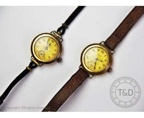 Two Elgin 9ct gold plated lady's wristwatches, circa 1940, each circular face with Arabic numeral dials and subsidiary second