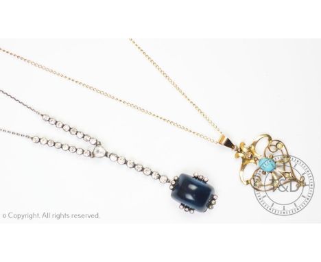 An Art Deco stone set drop necklace, comprising twenty-four bezel set white paste stones suspending a blue paste cabachon, al