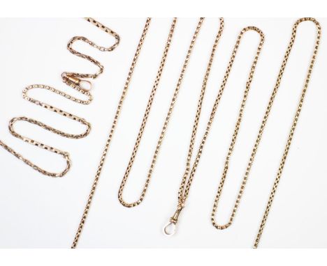 A yellow metal guard chain, the belcher link chain with a claw loop fastener stamped '9C', approx. 160cm long, together with 