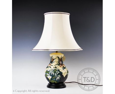 A Moorcroft table lamp of baluster form, decorated in the ?Lamia? design by Rachel Bishop 1995, with original shade, 56cm hig