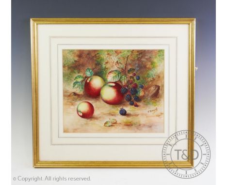 E. Townsend (20th century Royal Worcester), Watercolour on paper, Still life of apples and berries within a naturalistic sett