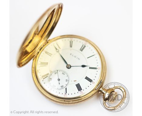A 14ct gold full hunter Elgin pocket watch, the white enamel dial with black Roman numerals, subsidiary dial to six 'o' clock