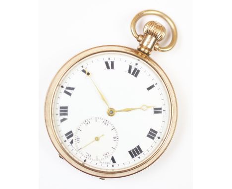 A 9ct gold open face pocket watch by English Watch Company, Birmingham 1929, the white enamel dial with black roman numerals,