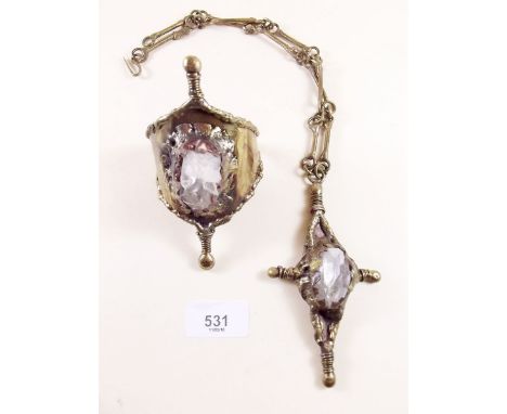 A large 1960's designer brass and copper cross and chain and matching bangle set rock crystal