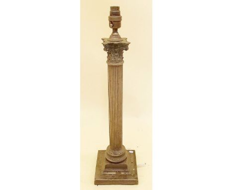 A 19th century large heavy silver plated Corinthian column form table lamp