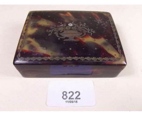 A tortoiseshell cigarette box with mother of pearl and metal inlay urn of flowers