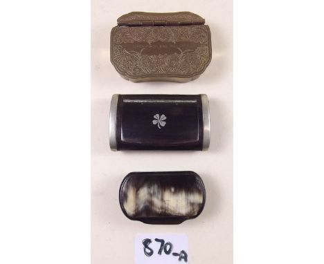 A horn snuff box, a rosewood snuff box and a brass one engraved 'Takea Pinch and Welcome'