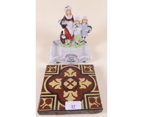 A Yardley Lavender soap dish and a Victorian floor tile