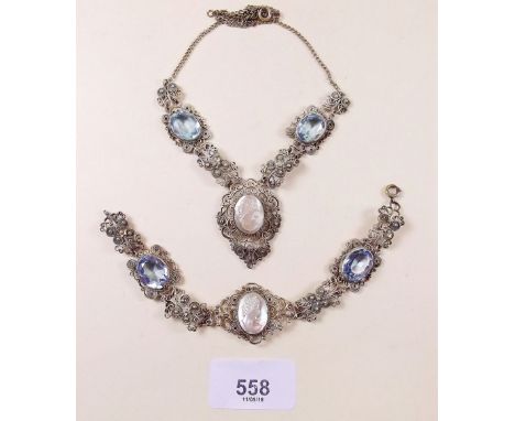 A vintage Indian filigree necklace and matching bracelet set blue 'stones' and mother of pearl cameos