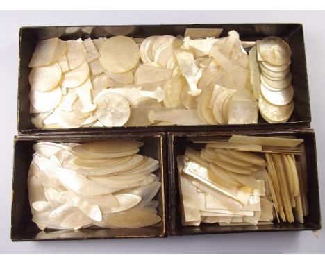A Chinese lacquer games box a/f, with contents large quantity of gaming mother of pearl counters in various shapes