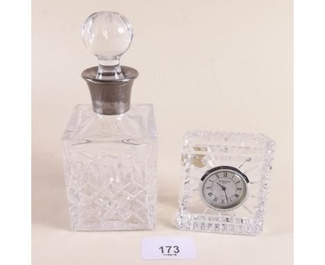 A Waterford cut glass clock and a cut glass and silver mounted scent bottle