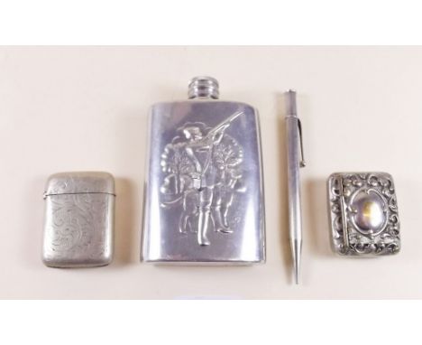 A silver pencil, a silver plated vesta, spirit flask and a silver plated snuff box