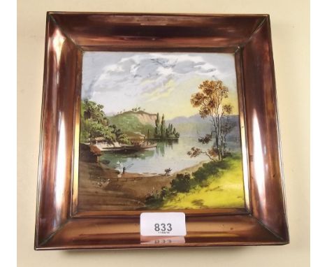 A copper framed Victorian tile painted Scottish Loch