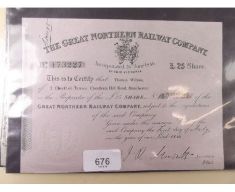 A box of early GB and other railway share certificates plus similar documents - 1846 onwards