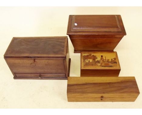 A mahogany tea caddy, and three other various wooden boxes