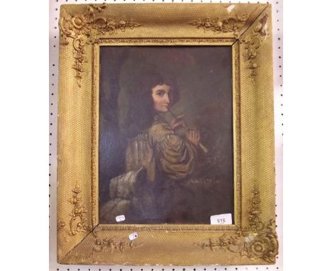 Susan Lucy - oil on board lady playing a pipe with dog - 31 x 24cm, signed and dated 1845, verso has part oil portrait and in