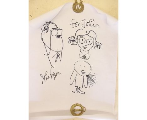 An original sketch by John Ryan of  'Harris Tweed' and 'Lettuce Leaf' plus one other character - dedicated 'To John' - unfram