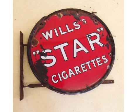 An antique 'Wills Star Cigarettes' enamel double sided advertising sign on bracket - 46cm dia